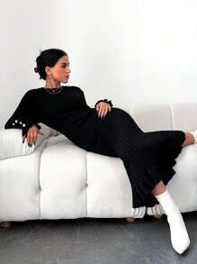 EURMUSE Solid Flounce Sleeve Jumper Dress - Black - View 1