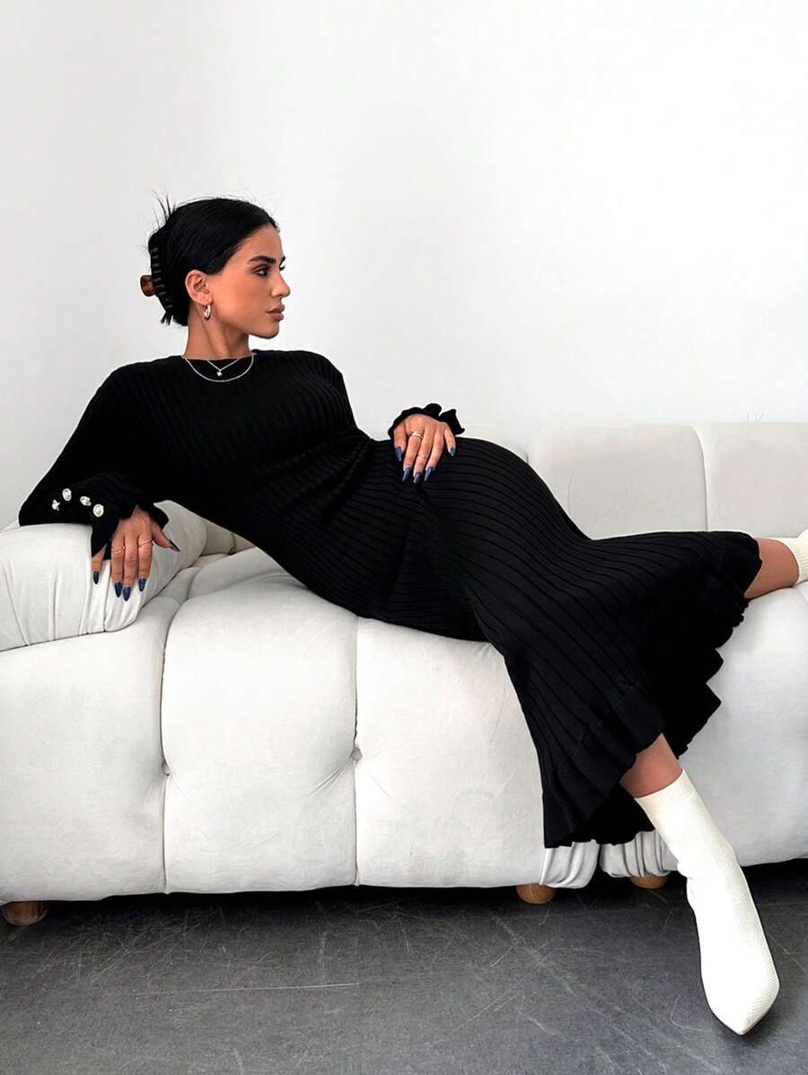 EURMUSE Solid Flounce Sleeve Jumper Dress - Black - View 1