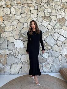 EURMUSE Solid Flounce Sleeve Jumper Dress - Black - View 4