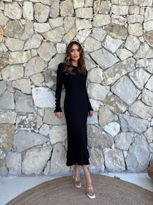 EURMUSE Solid Flounce Sleeve Jumper Dress - Black - View 6