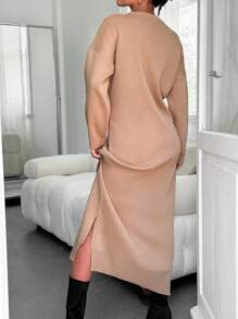EURMUSE Drop Shoulder Split Hem Sweater Dress - Brown - View 2