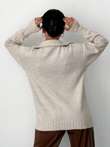 EURMUSE Half Zip Drop Shoulder Sweater - Beige - View 2