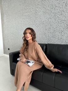 EURMUSE Drop Shoulder Split Hem Sweater Dress - Brown - View 4