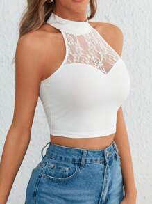 SHEIN Privé HEN PARTY Women's Mesh Contrast Halter Knitted Tank Top - White - View 4