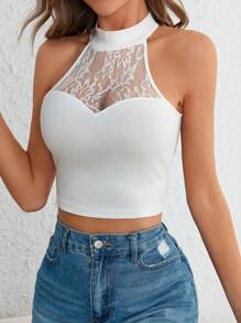 SHEIN Privé HEN PARTY Women's Mesh Contrast Halter Knitted Tank Top - White - View 5