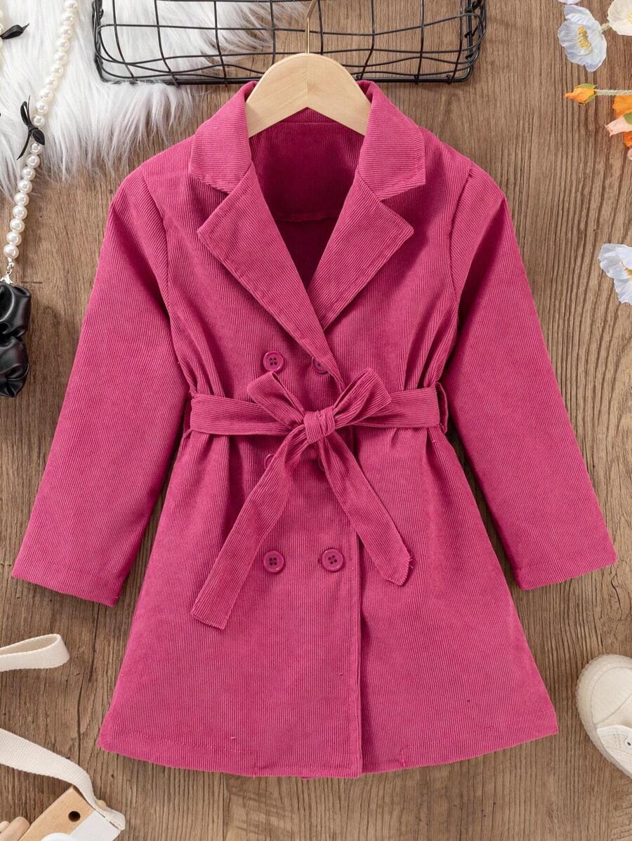 SHEIN 女小童雙排釦腰帶燈芯絨風衣外套