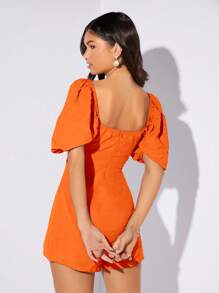 SHEIN Essnce Sweetheart Neck Puff Sleeve Romper - Orange - View 2