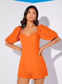 SHEIN Essnce Sweetheart Neck Puff Sleeve Romper - Orange - View 3