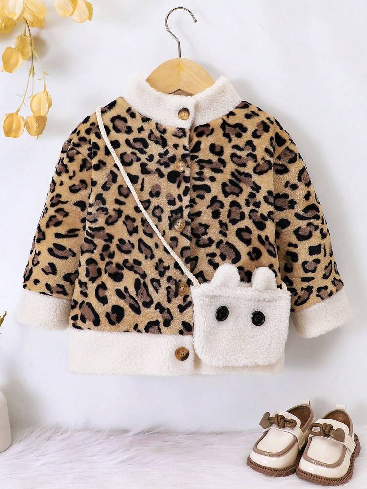 Young Girl Autumn & Winter Plush Leopard Print Splice White Stand Collar Flannel Jacket And Cute Rabbit Ear Design Shoulder Bag