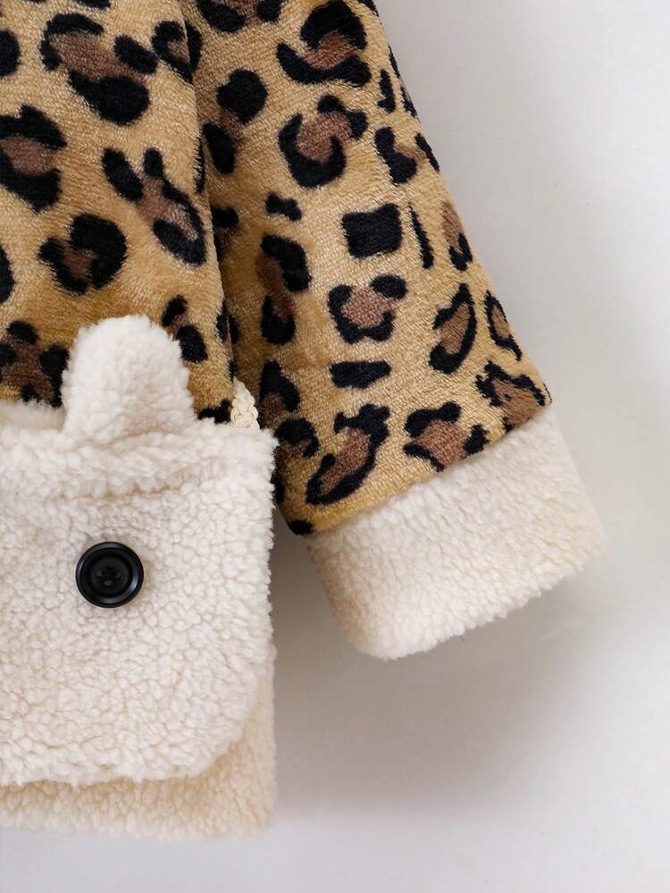 Young Girl Autumn & Winter Plush Leopard Print Splice White Stand Collar Flannel Jacket And Cute Rabbit Ear Design Shoulder Bag