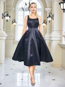 Vestido sólido de satén con línea A - Negro - Ver 1