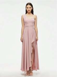 Vestidos De Dama De Honor Con Un Solo Hombro Con Abertura Y Pliegues En El Muslo - Rosa - Ver 1