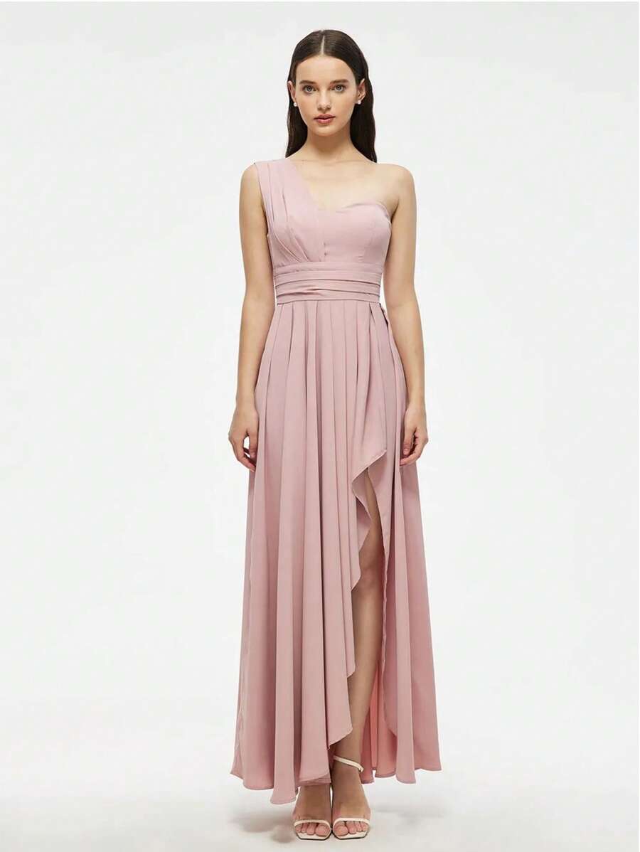 Vestidos De Dama De Honor Con Un Solo Hombro Con Abertura Y Pliegues En El Muslo - Rosa - Ver 1