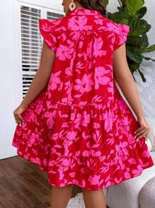 SHEIN LUNE 大碼印花荷葉邊娃娃裙 - 紅色 - 查看 2