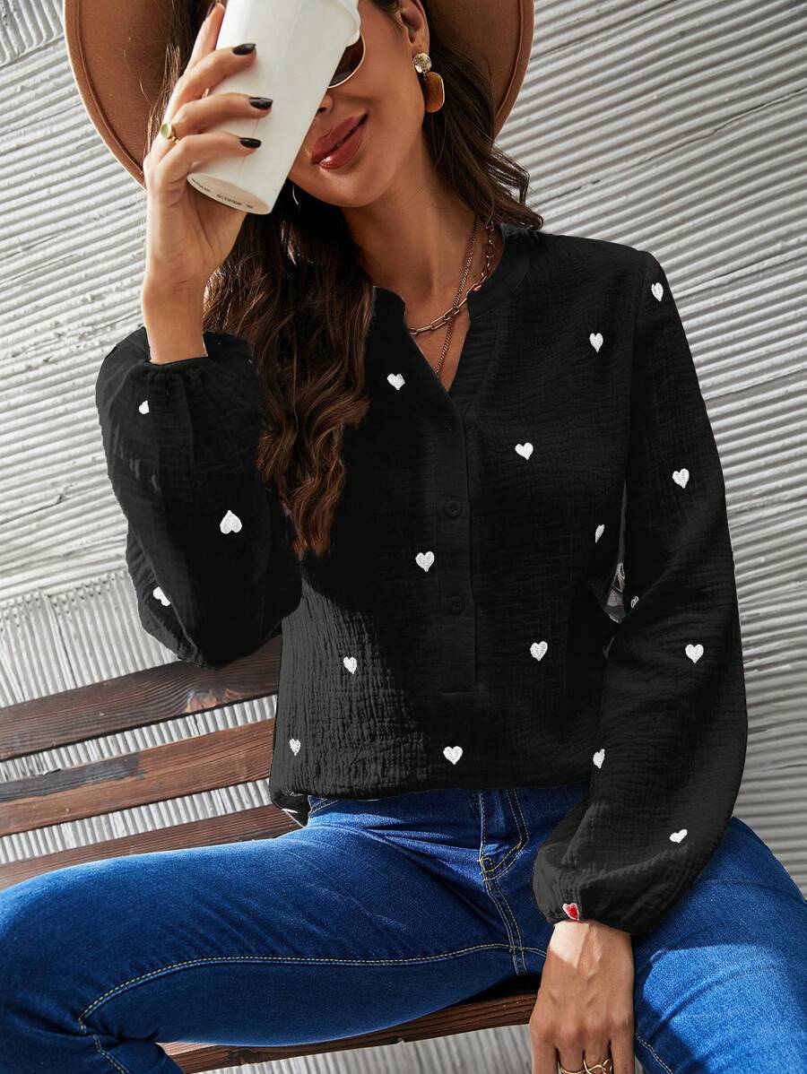Heart Print Notched Neckline Lantern Sleeve Blouse - Black - View 1