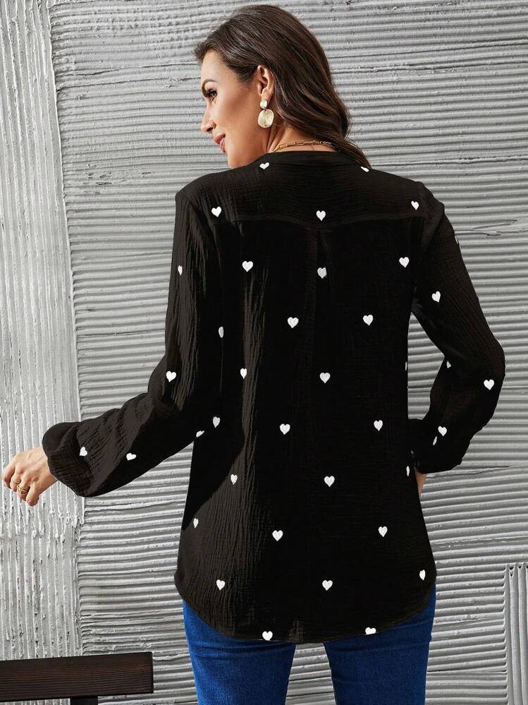 Heart Print Notched Neckline Lantern Sleeve Blouse - Black - View 2