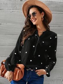 Heart Print Notched Neckline Lantern Sleeve Blouse - Black - View 3
