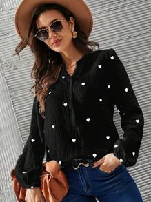 Heart Print Notched Neckline Lantern Sleeve Blouse - Black - View 4