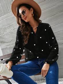 Heart Print Notched Neckline Lantern Sleeve Blouse - Black - View 5