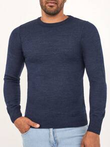 SHEIN Cottnline Men Solid Round Neck Jumper - Royal Blue - View 1