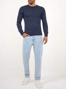 SHEIN Cottnline Men Solid Round Neck Jumper - Royal Blue - View 3