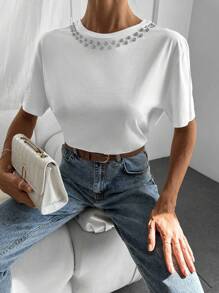 EURMUSE Solid Rhinestone Detail Tee - White - View 1