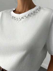 EURMUSE Solid Rhinestone Detail Tee - White - View 5