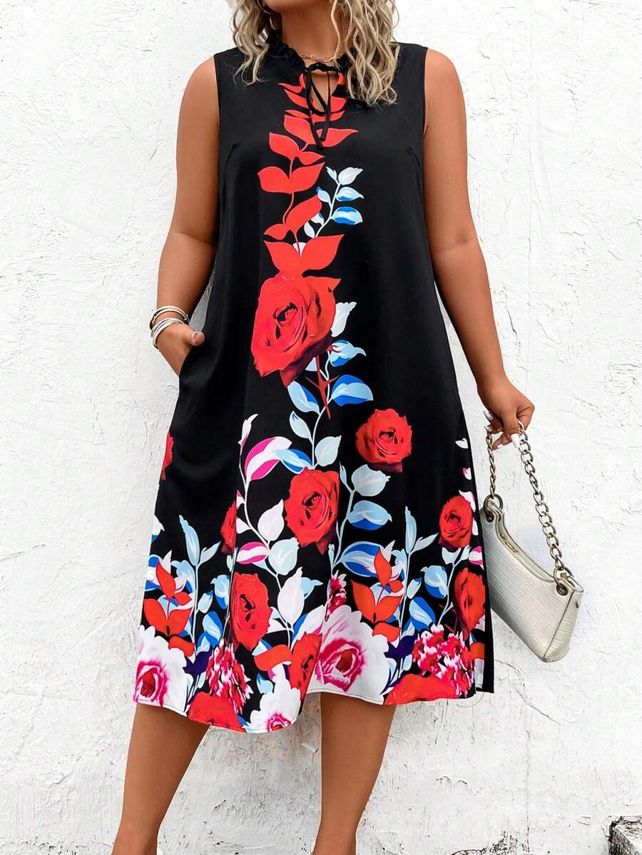 EMERY ROSE Hơn In hoa Đường viền lỗ khóa Váy không tay - Nhiều màu - Xem 1