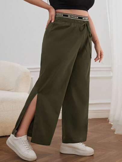 Calvaya 休閒打結 開衩 織帶字母加大褲子