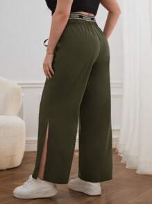 Calvaya 休閒打結 開衩 織帶字母加大褲子 - 綠色 - 查看 2