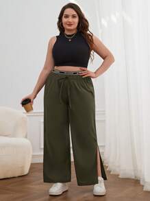 Calvaya 休閒打結 開衩 織帶字母加大褲子 - 綠色 - 查看 3