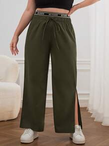 Calvaya 休閒打結 開衩 織帶字母加大褲子 - 綠色 - 查看 4