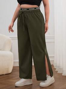 Calvaya 休閒打結 開衩 織帶字母加大褲子 - 綠色 - 查看 5