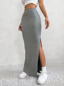 Flirla Falda larga con abertura lateral y talle alto para mujer
