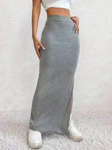 Flirla Falda larga con abertura lateral y talle alto para mujer