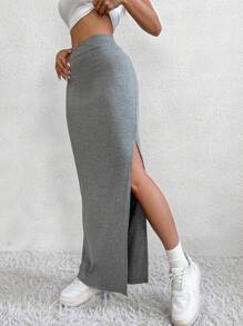 Flirla Falda larga con abertura lateral y talle alto para mujer
