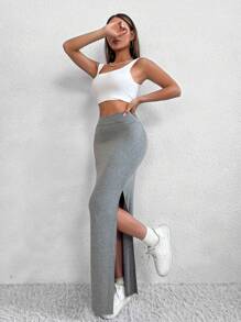 Flirla Falda larga con abertura lateral y talle alto para mujer
