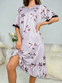 Floral Print Contrast Lace Ruffle Hem Nightdress - Dusty Pink - View 1