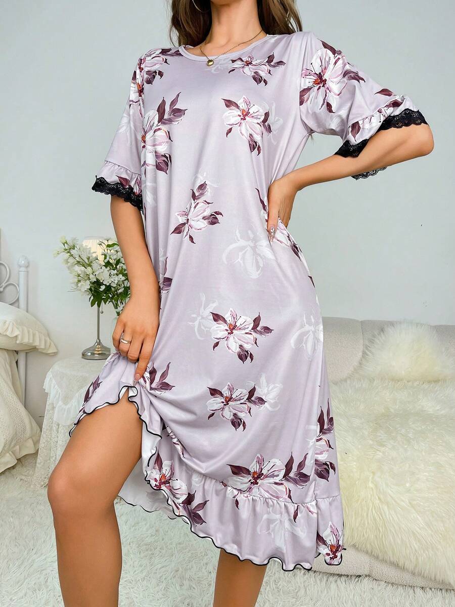 Floral Print Contrast Lace Ruffle Hem Nightdress - Dusty Pink - View 1