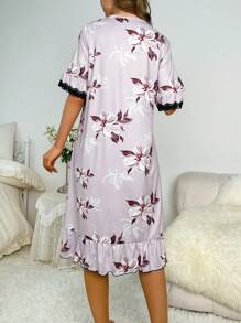 Floral Print Contrast Lace Ruffle Hem Nightdress - Dusty Pink - View 2