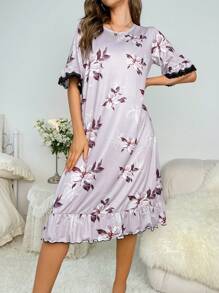 Floral Print Contrast Lace Ruffle Hem Nightdress - Dusty Pink - View 4