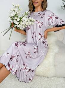 Floral Print Contrast Lace Ruffle Hem Nightdress - Dusty Pink - View 5