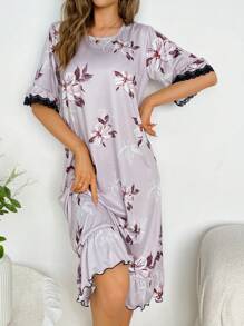 Floral Print Contrast Lace Ruffle Hem Nightdress - Dusty Pink - View 6