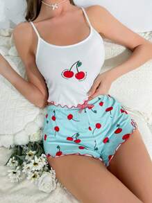 SweetSlumber Cherry Print Lettuce Trim Cami Top & Shorts PJ Set / Pajama Set - Blue - View 6