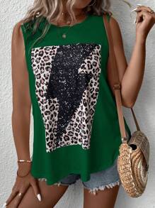 SHEIN Clasi 大碼豹紋印花下擺開叉背心上衣 - 墨綠色 - 查看 4