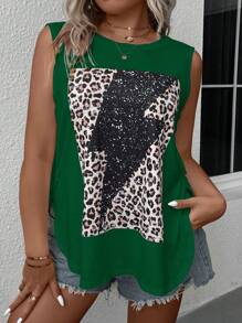 SHEIN Clasi 大碼豹紋印花下擺開叉背心上衣 - 墨綠色 - 查看 6