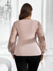 SHEIN Clasi 大碼蕾絲拼接燈籠袖方領條紋針織套頭毛衣 - 藕粉色 - 查看 2