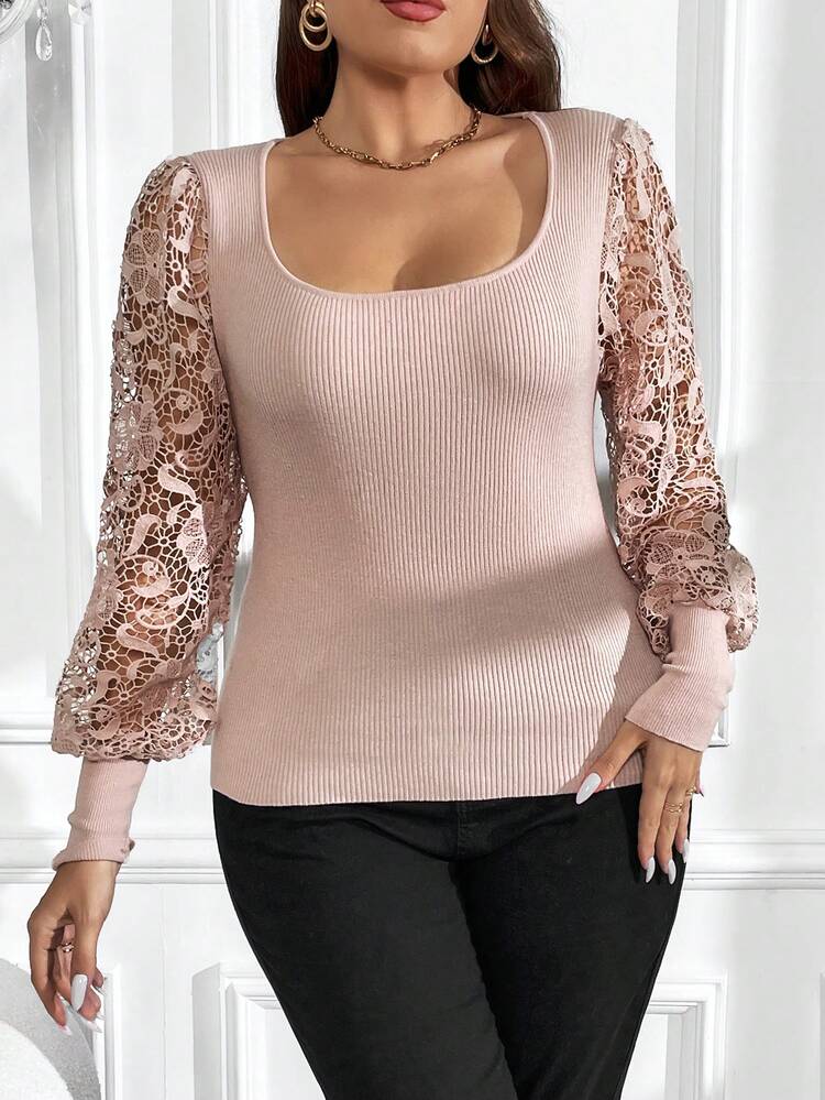 SHEIN Clasi 大碼蕾絲拼接燈籠袖方領條紋針織套頭毛衣 - 藕粉色 - 查看 4