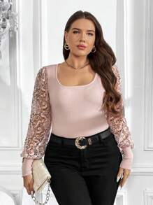 SHEIN Clasi 大碼蕾絲拼接燈籠袖方領條紋針織套頭毛衣 - 藕粉色 - 查看 6