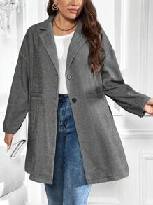 SHEIN Clasi Plus Lapel Neck Drop Shoulder Button Front Overcoat - Dark Grey - View 3